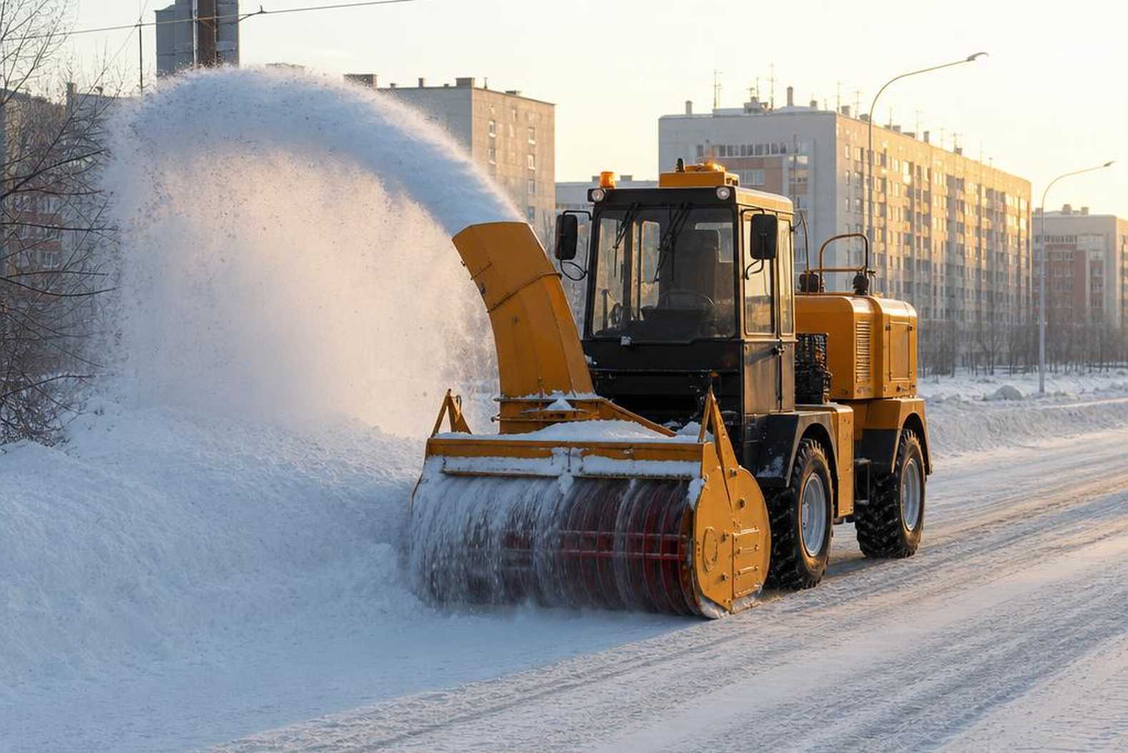 Снегоочиститель АМКОДОР на расчистке городской дороги зимой