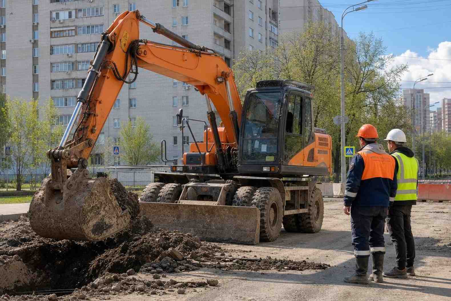 экскаватор на городской стройке в Москве, рабочие в касках