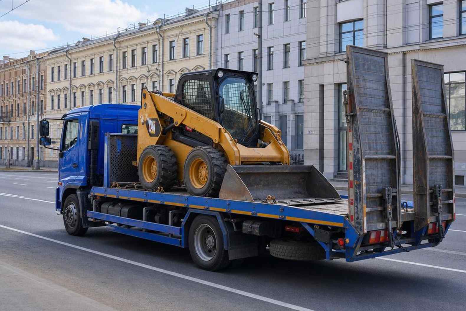 Транспортировка мини-погрузчика на грузовике к объекту аренды