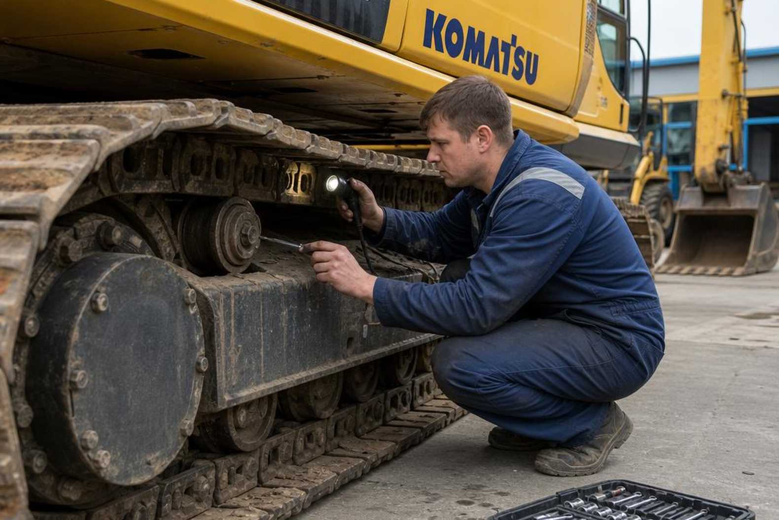 Механик осматривает гусеничную ходовую часть экскаватора Komatsu