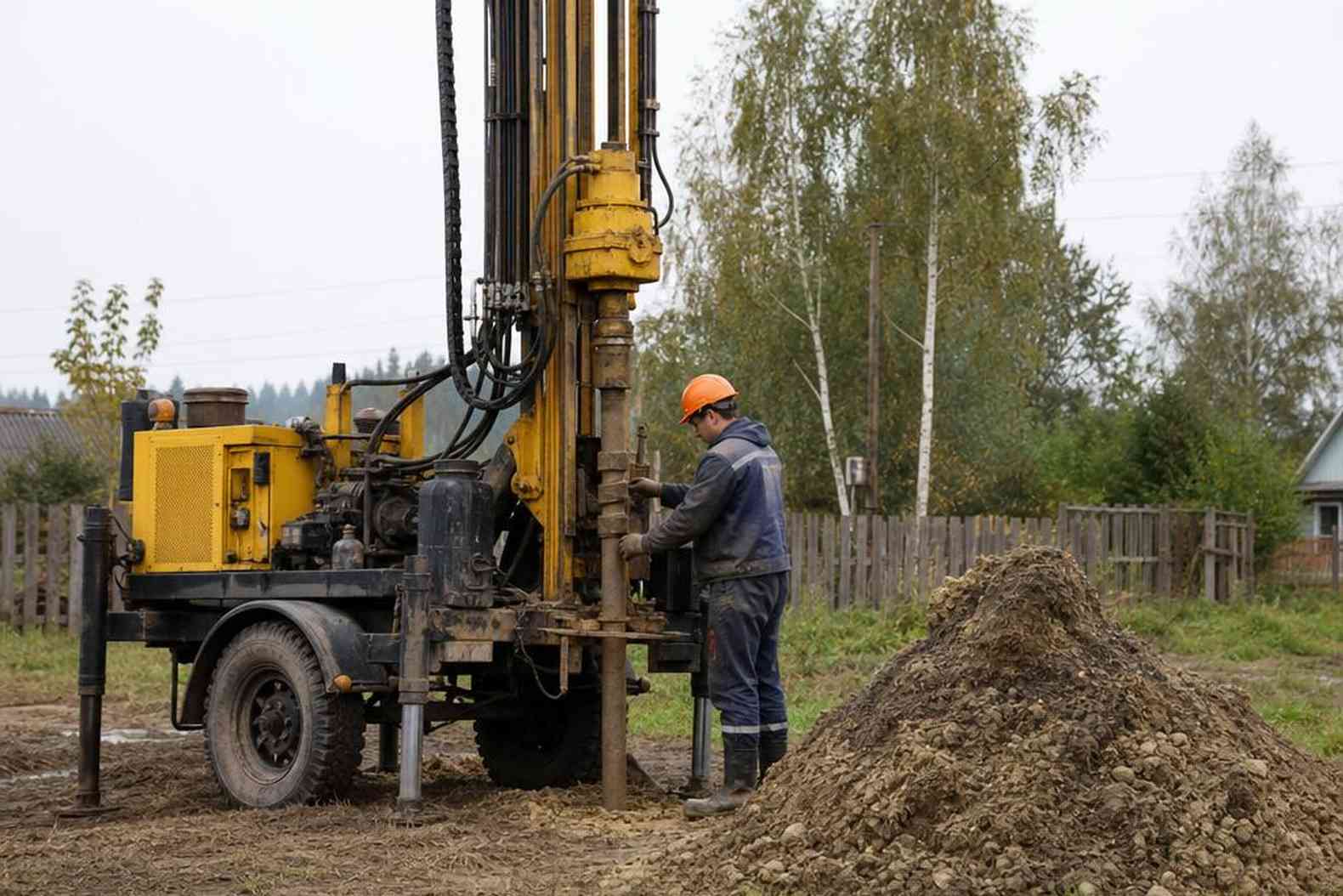буровая установка УРБ-2А2 на колёсном шасси у частного участка