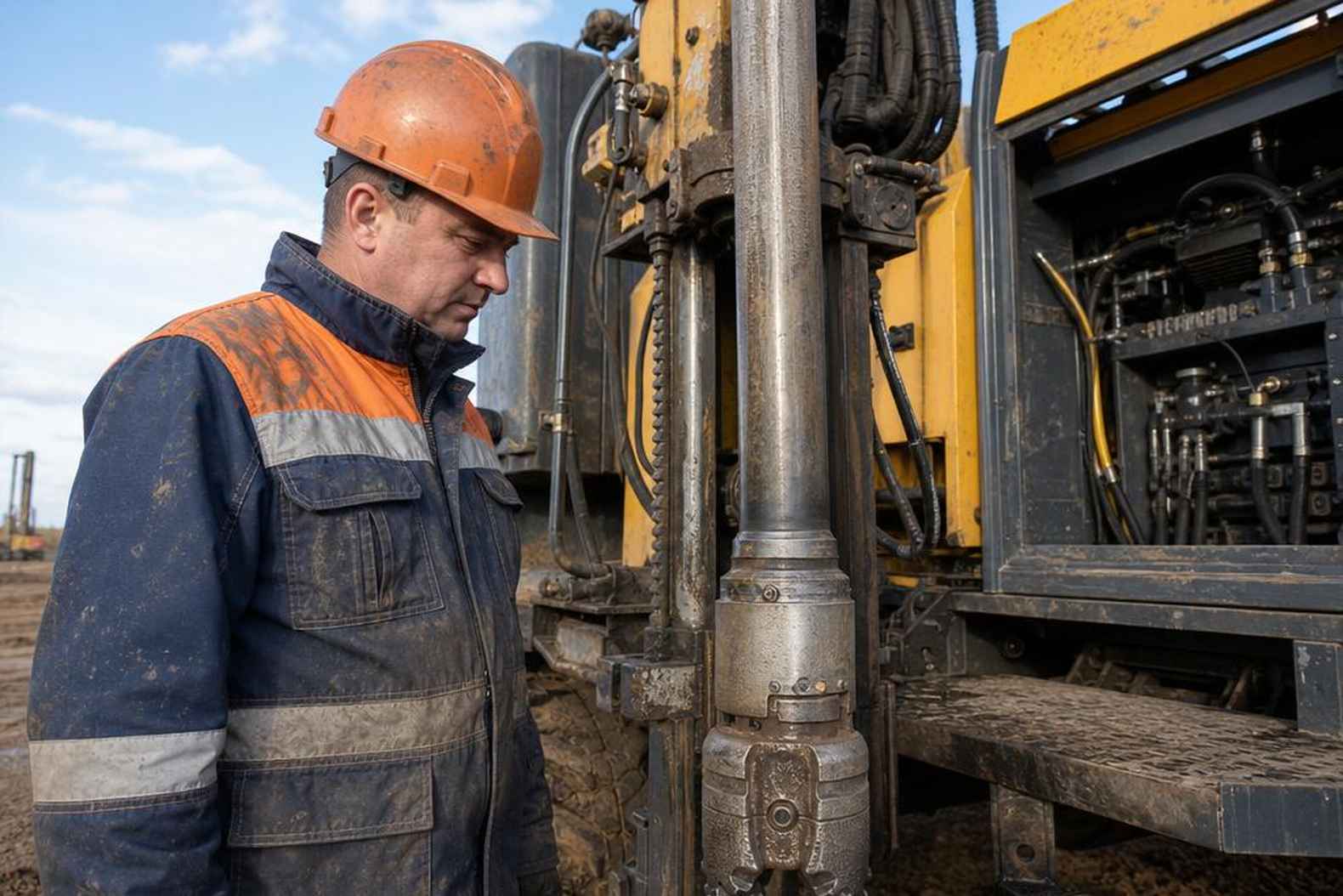 оператор буровой установки проверяет буровой инструмент перед сменой
