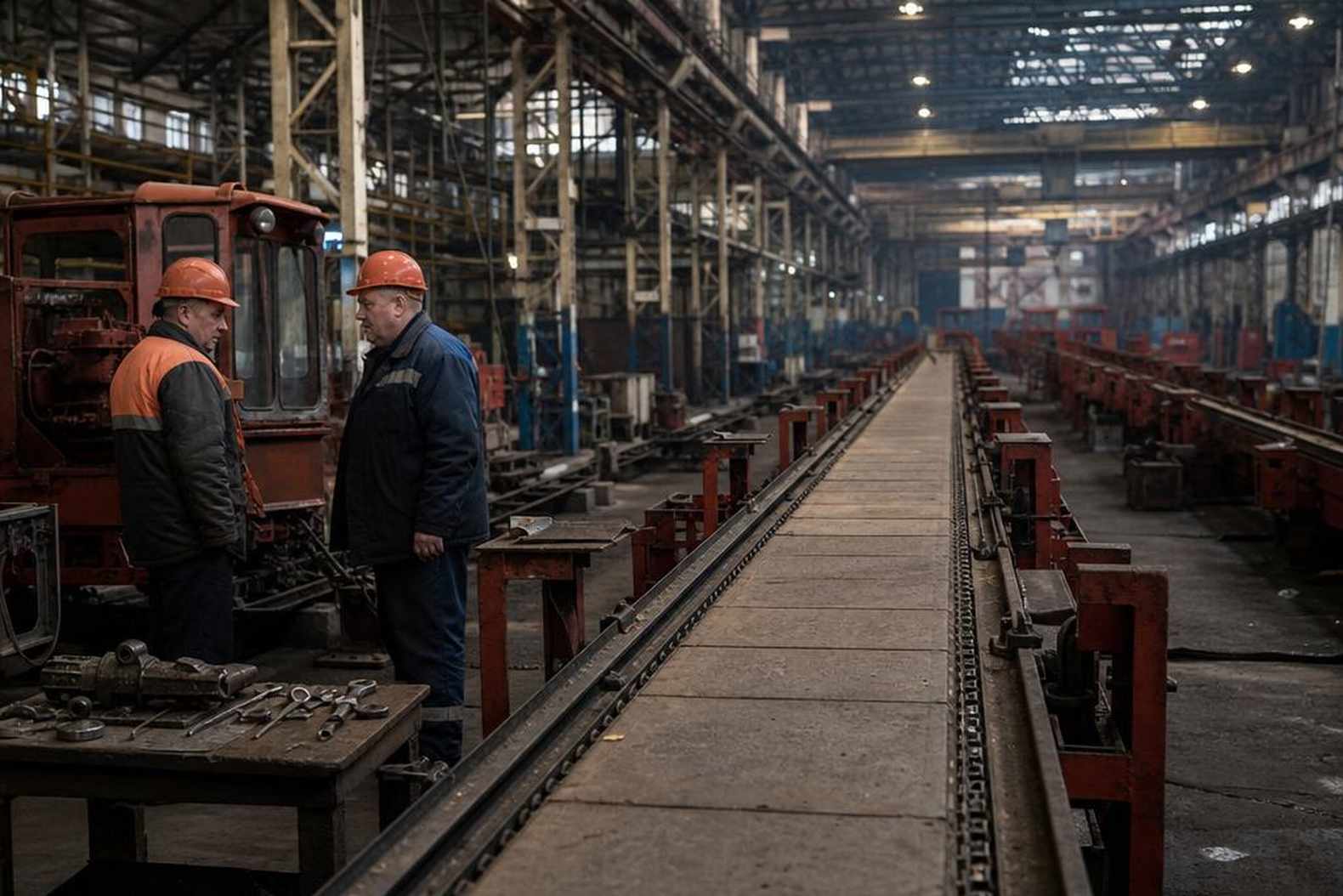 Остановленный конвейер тракторного завода в 1990-е годы