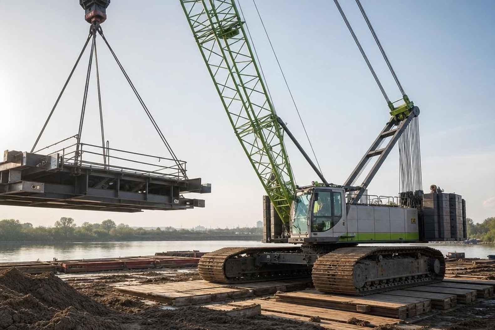 гусеничный кран Zoomlion ZCC100H монтирует конструкцию на болотистом грунте