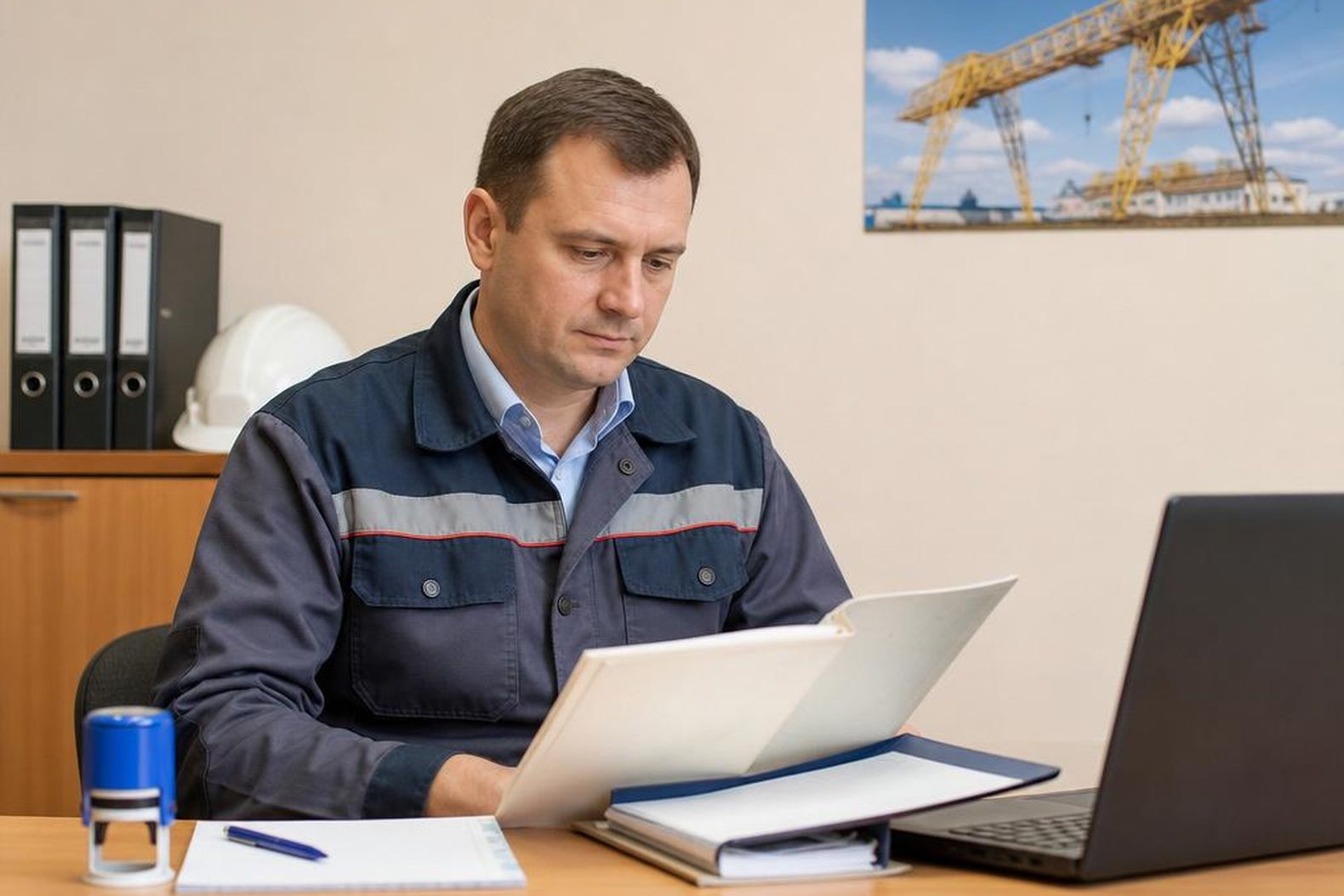 инспектор Ростехнадзора проверяет документы на кран в офисе