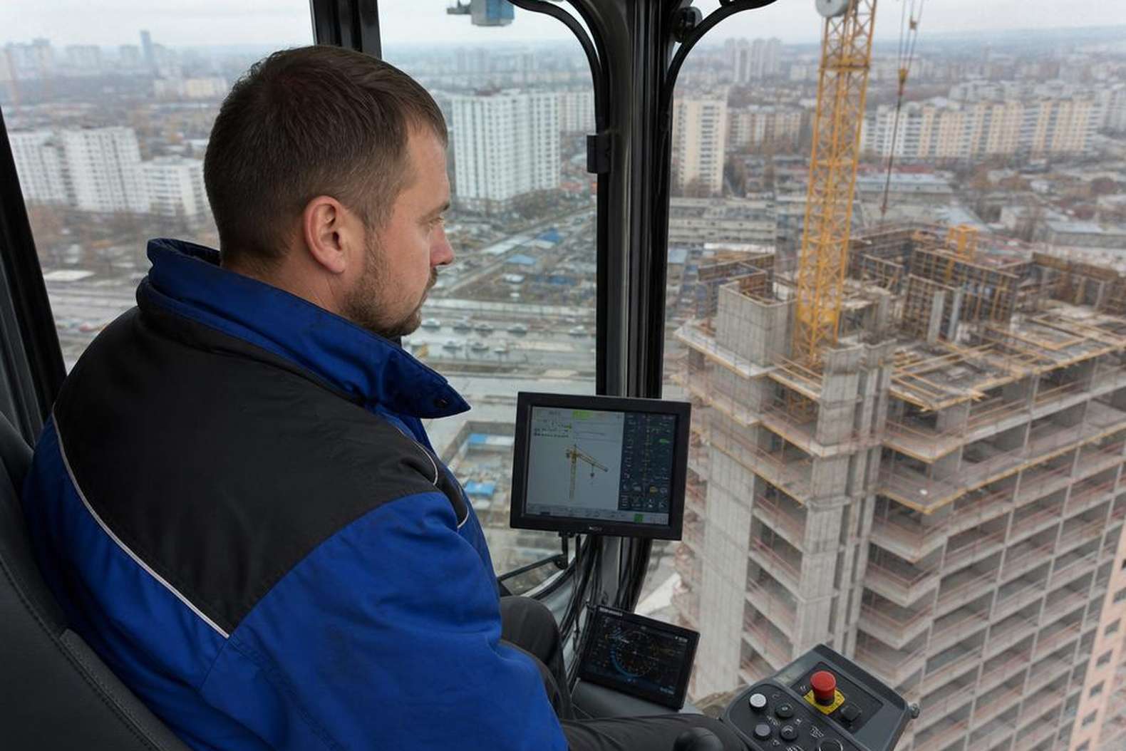крановщик в кабине башенного крана на стройплощадке