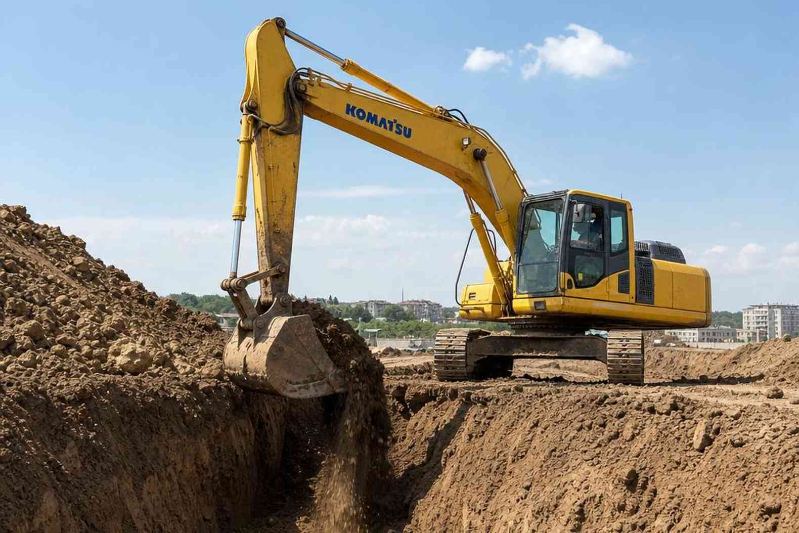 Экскаватор Komatsu PC210 роет котлован на плотной глинистой почве
