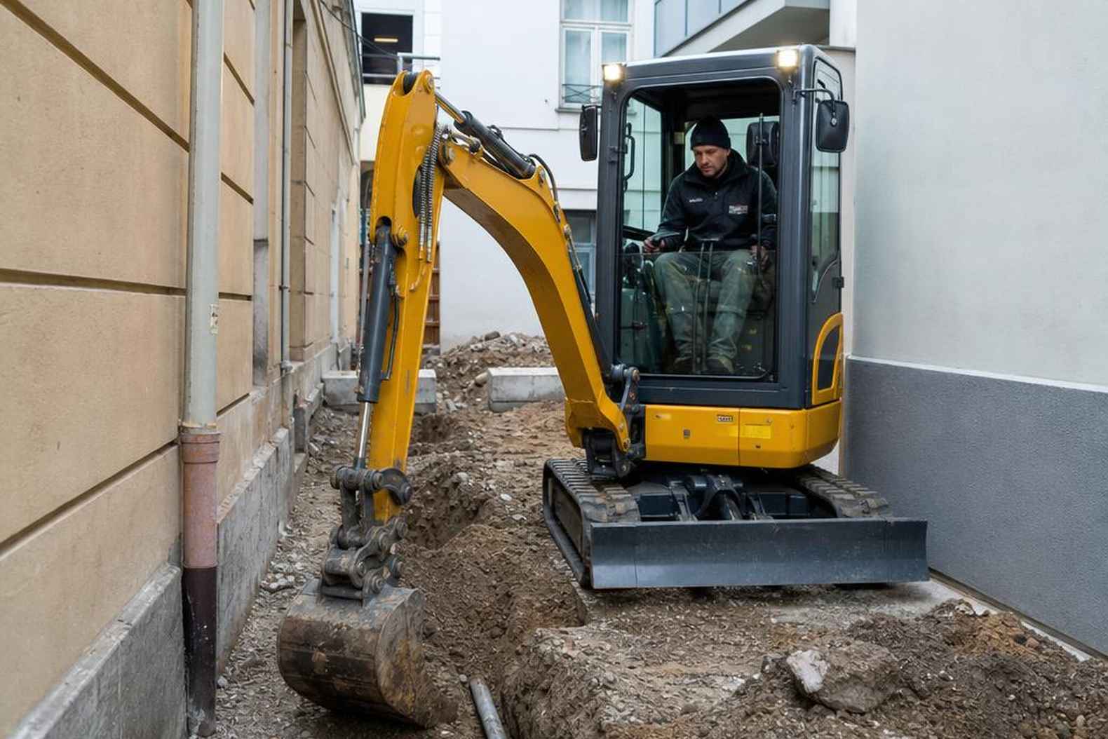 Мини-экскаватор XCMG XE18U работает в стеснённых условиях городского двора