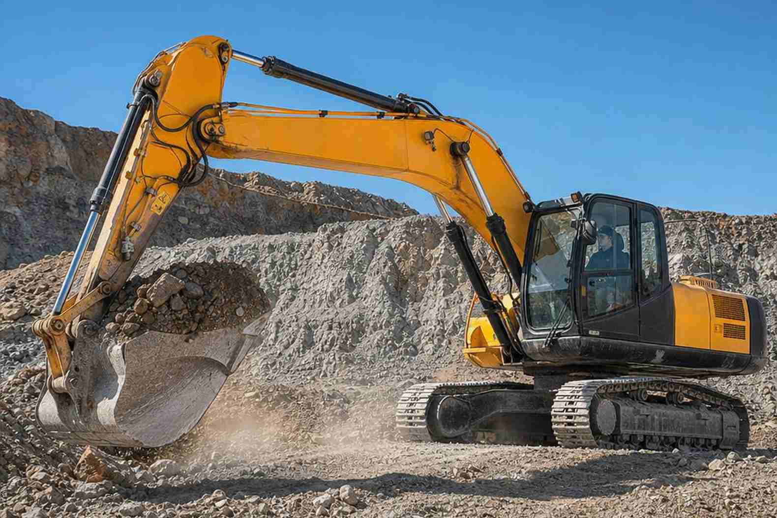 экскаватор JCB работает в карьере, оператор за рычагами