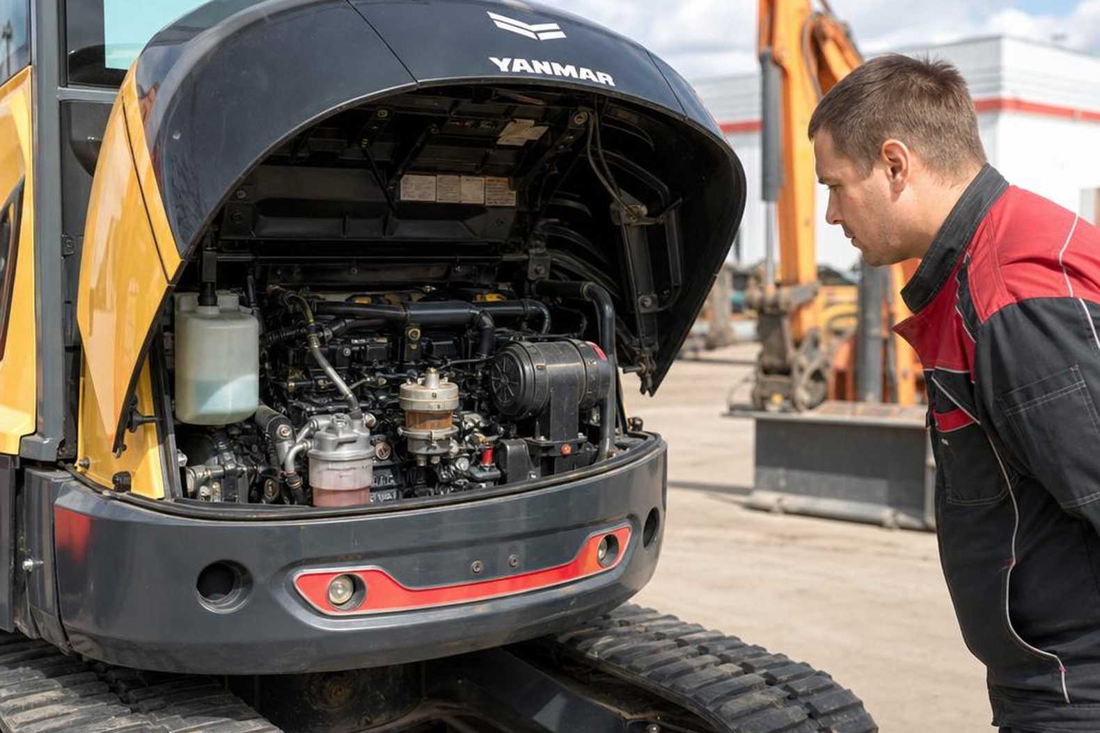 Двигатель Yanmar внутри мини-экскаватора Yuchai на обслуживании
