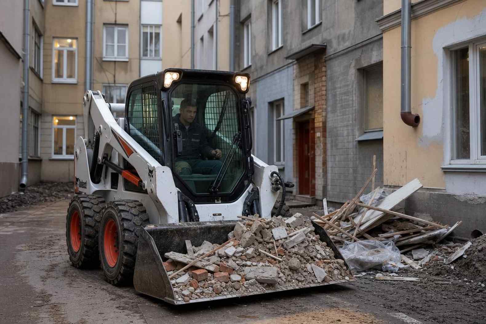 бортовой мини-погрузчик CLG365B убирает мусор в узком городском дворе