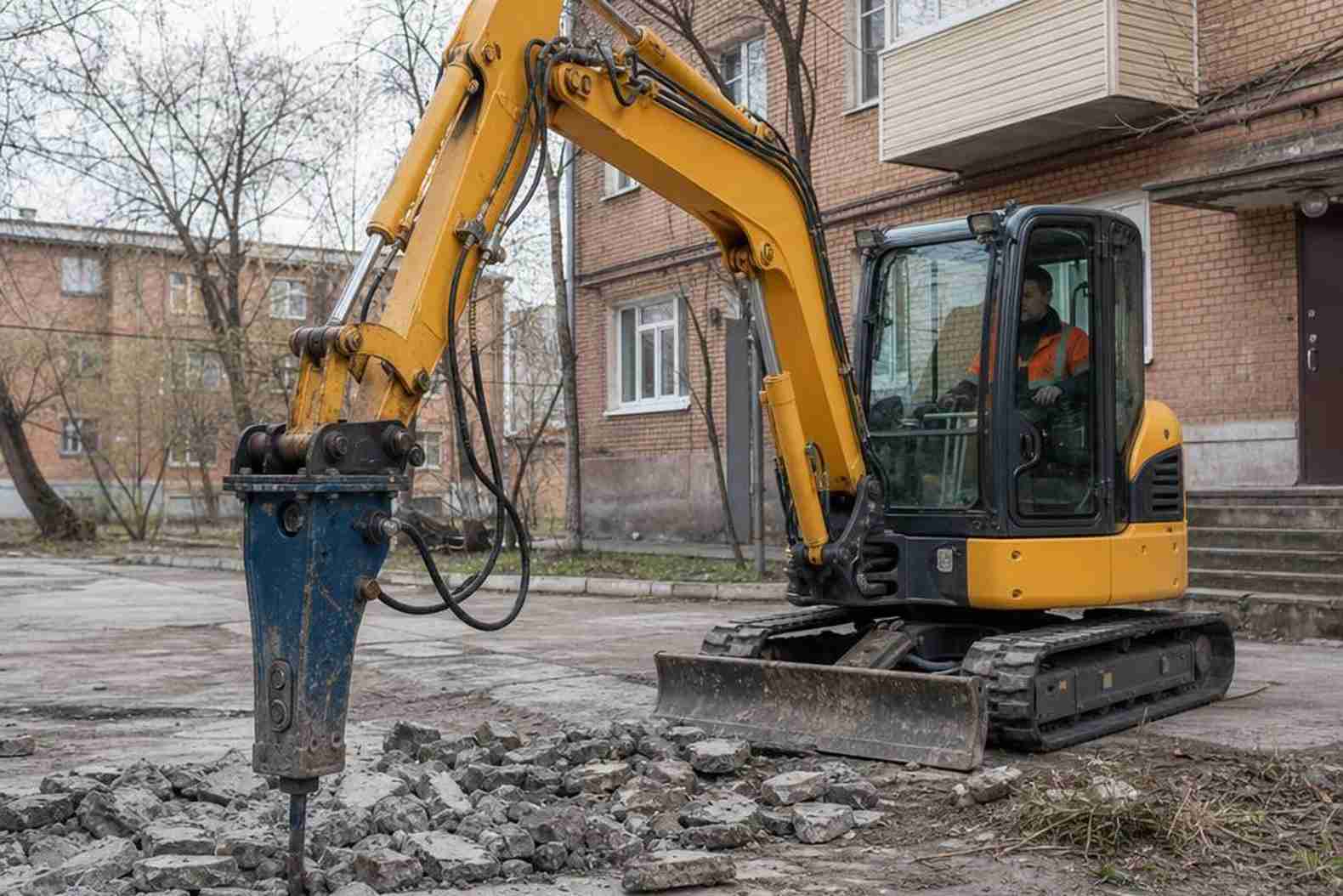 Мини-экскаватор Yuchai YC35-SR с гидромолотом в работе на благоустройстве двора