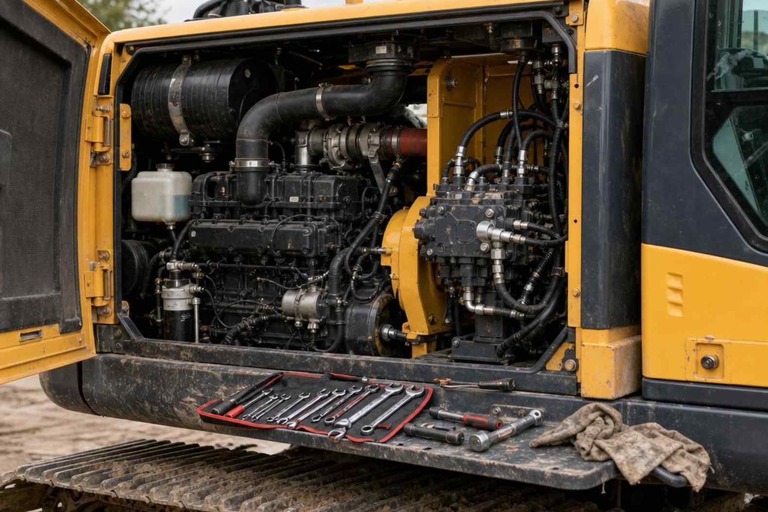 Kawasaki гидравлический насос и двигатель Cummins в моторном отсеке экскаватора Hyundai