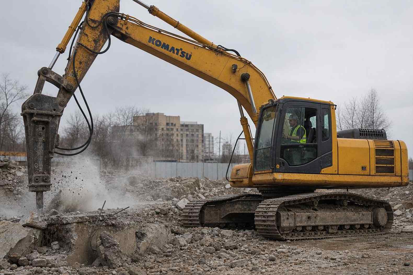 Komatsu PC200 с гидромолотом на демонтаже бетонной конструкции