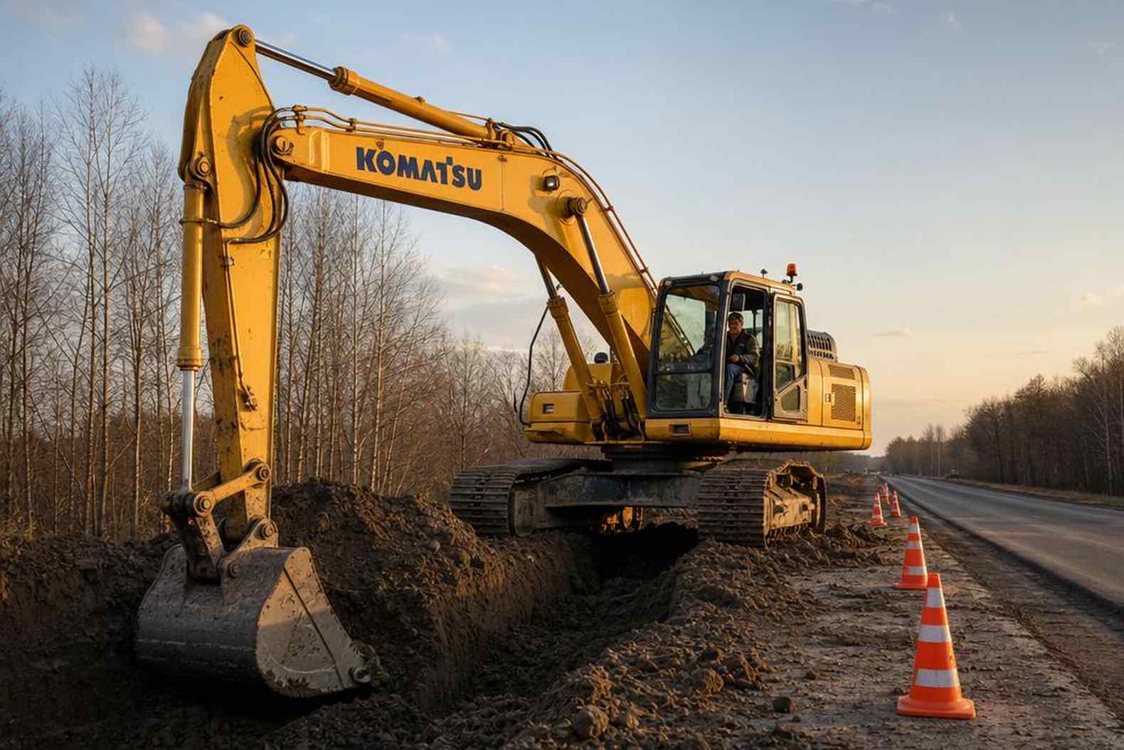 Komatsu PC300 экскаватор на дорожных работах, строительная техника