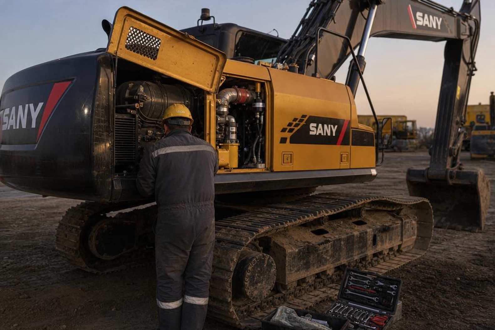 Механик проводит техобслуживание гусеничного экскаватора Sany