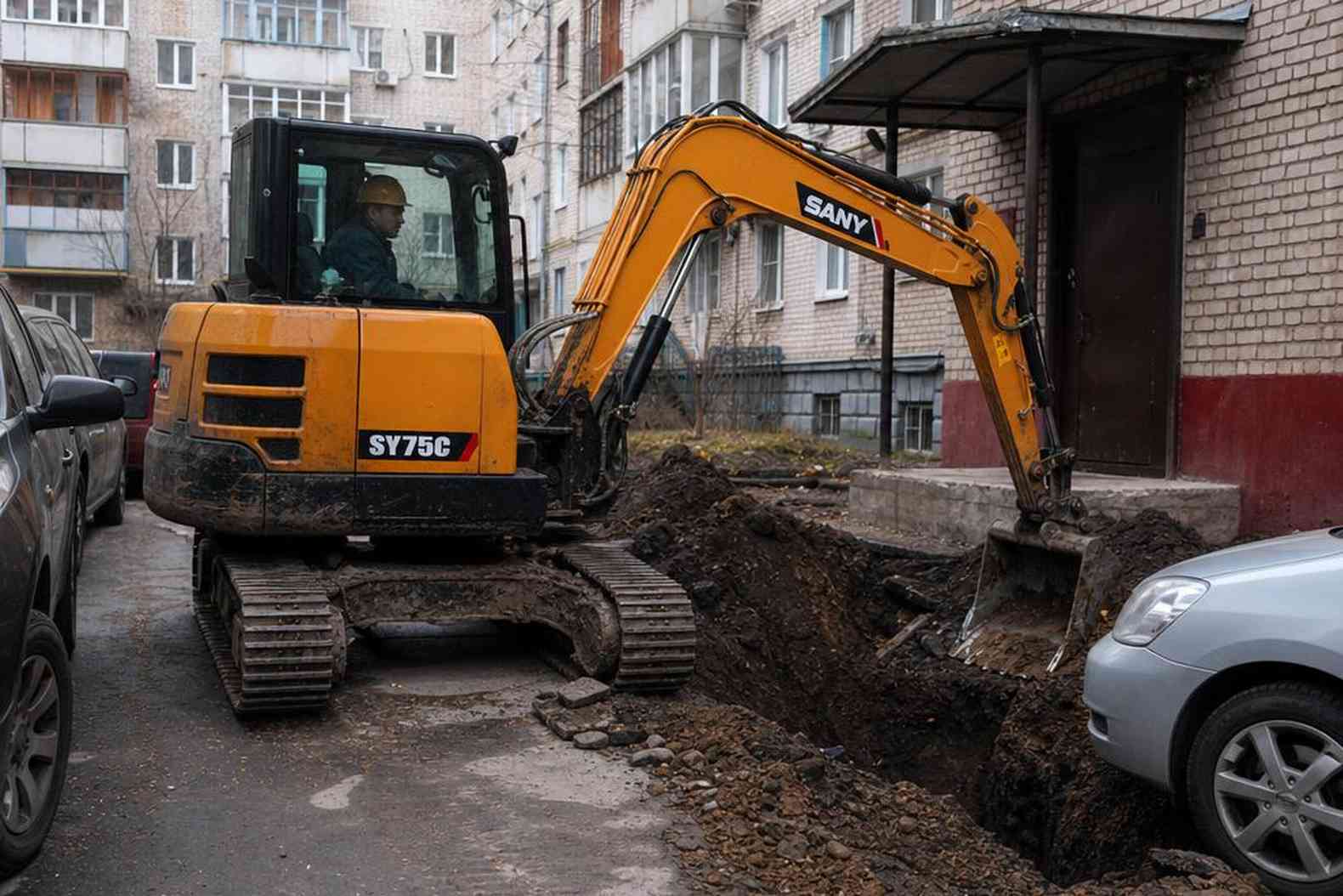 Мини-экскаватор Sany SY75C в узком городском дворе