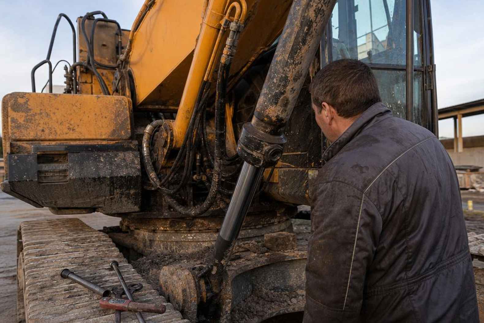 Механик осматривает гидравлику экскаватора Sany после смены