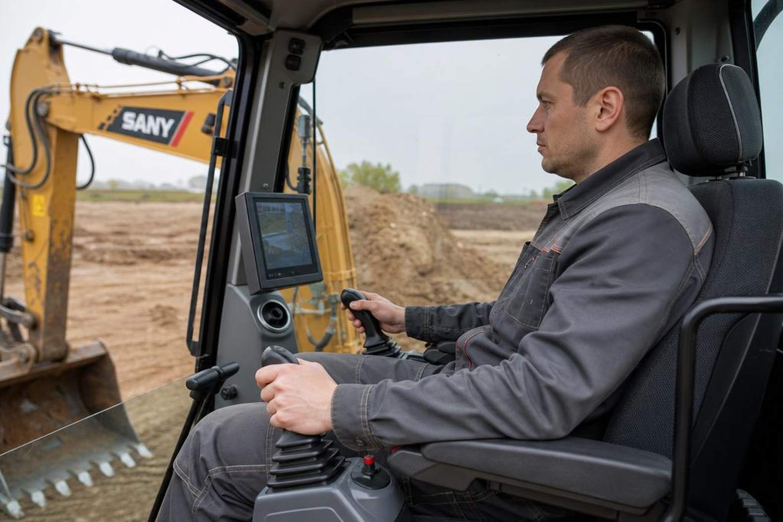 оператор в кабине SANY SY215C управляет экскаватором