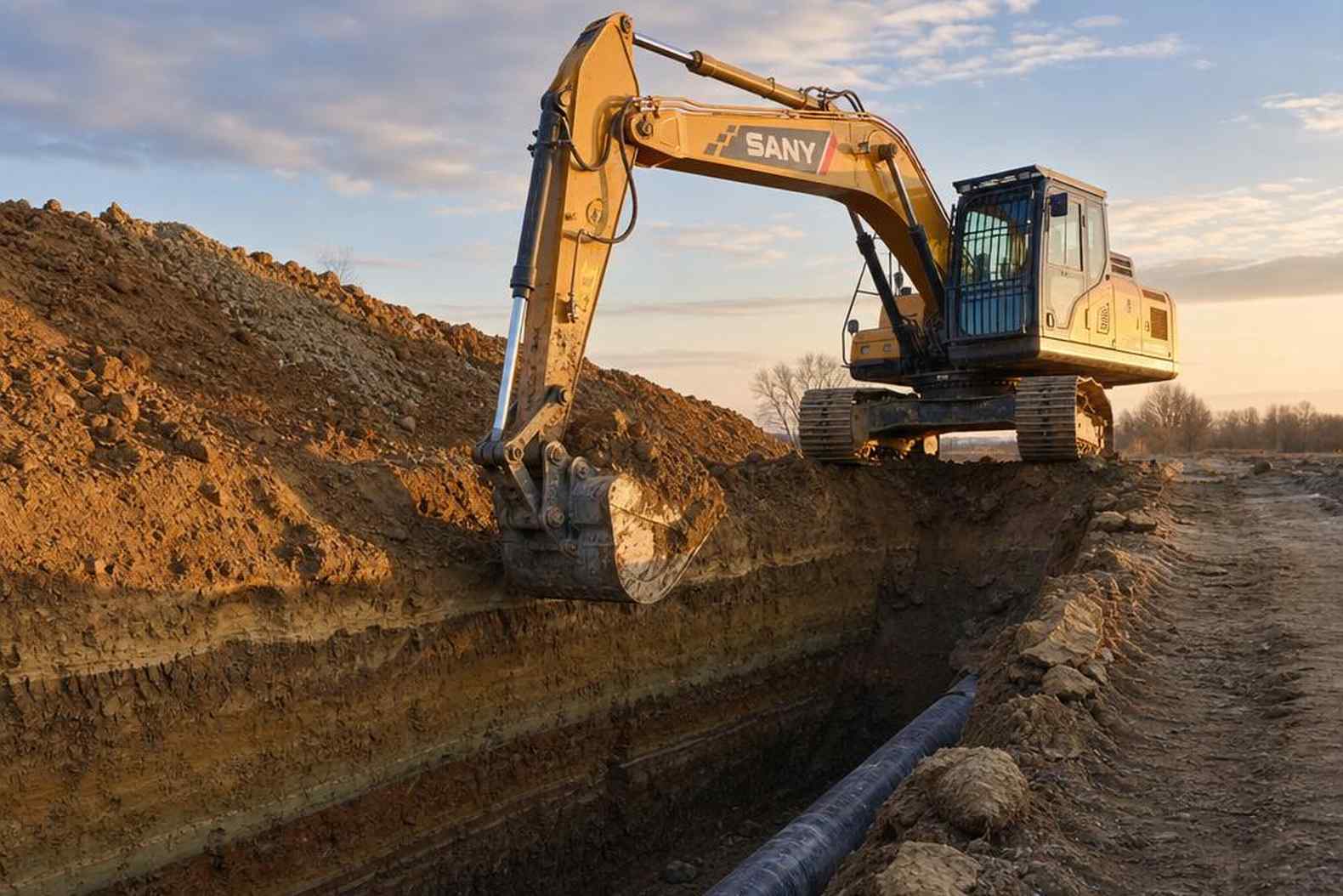 SANY SY215C копает траншею под трубопровод