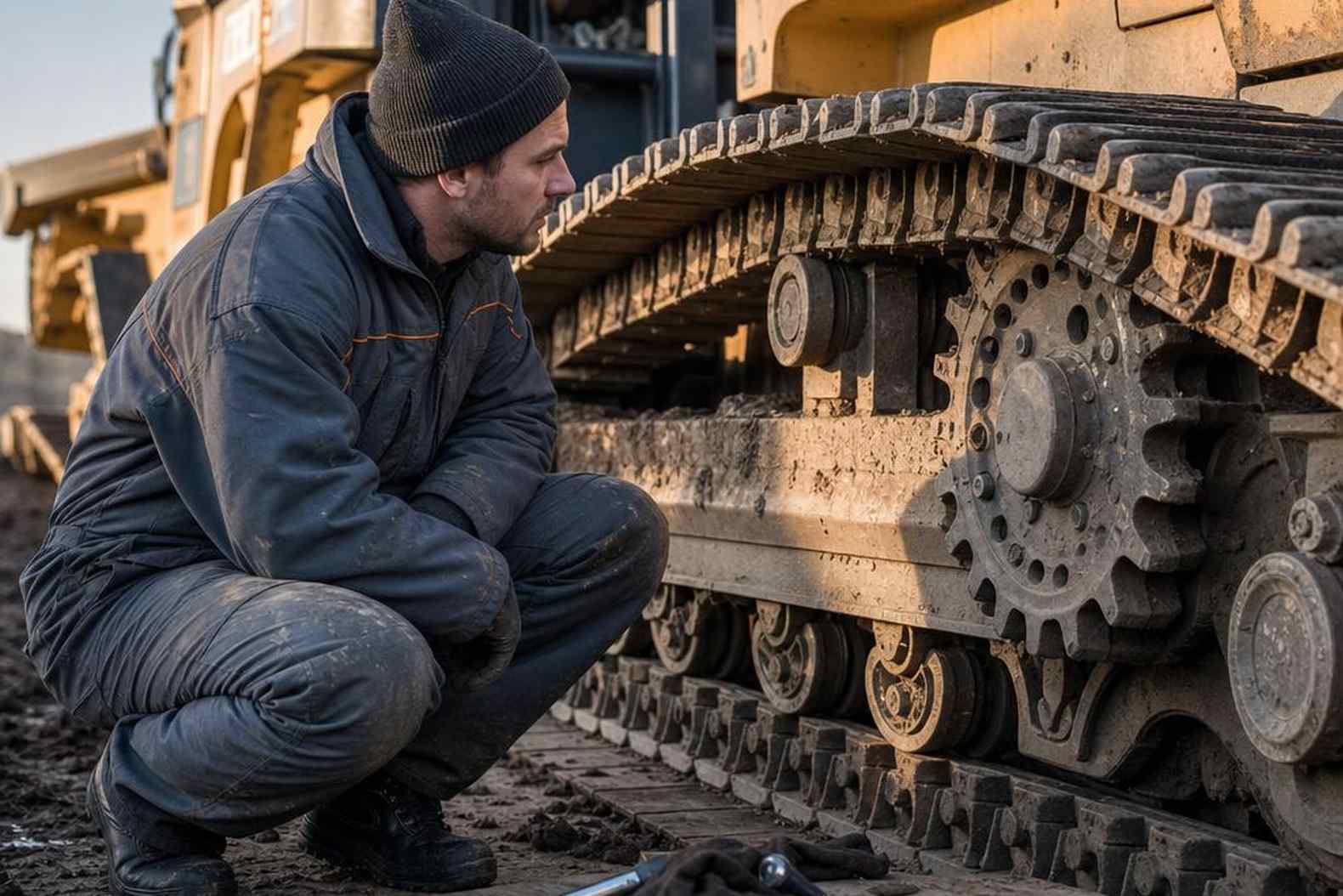 Механик осматривает ходовую часть бульдозера после смены