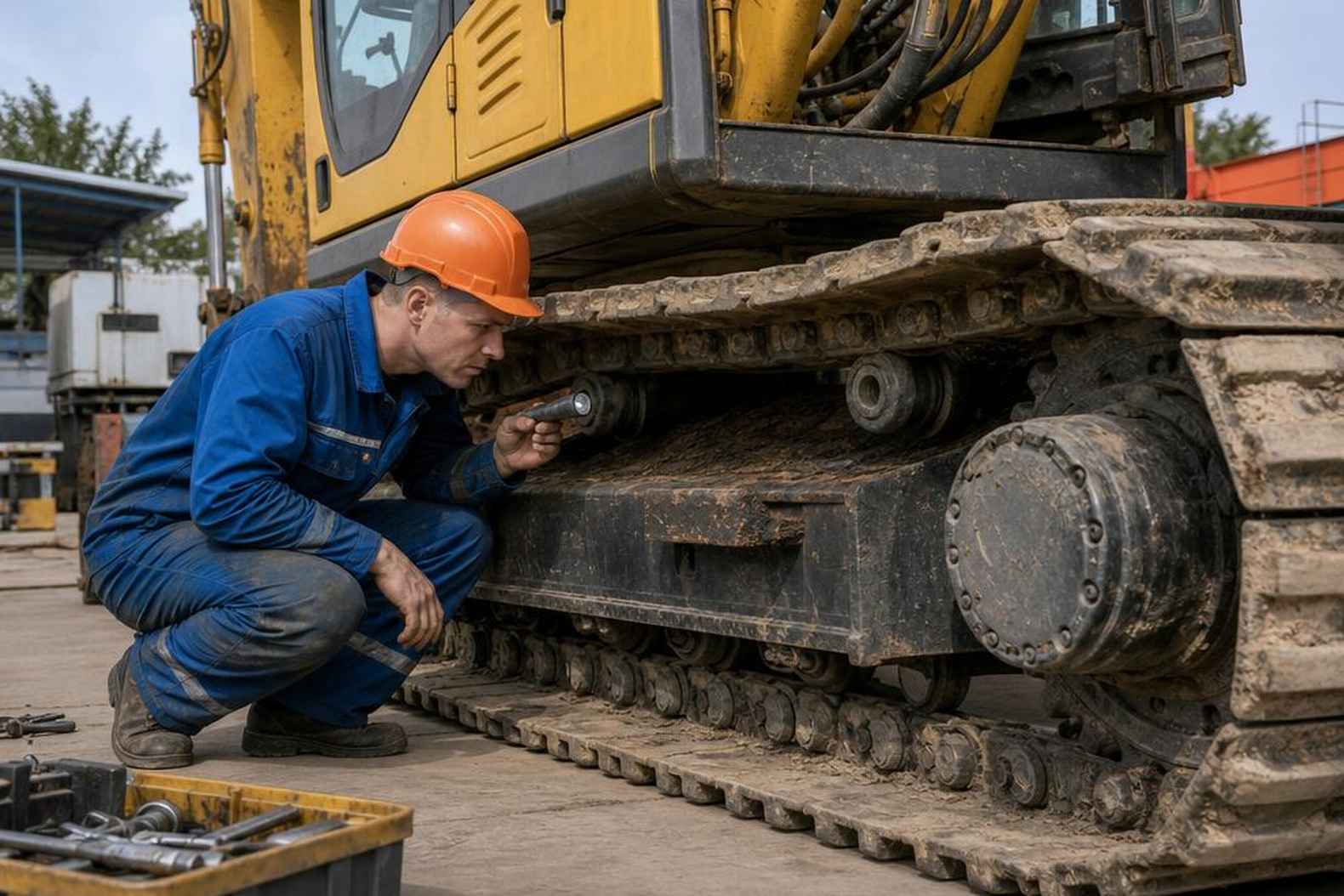 Механик осматривает ходовую часть китайского экскаватора
