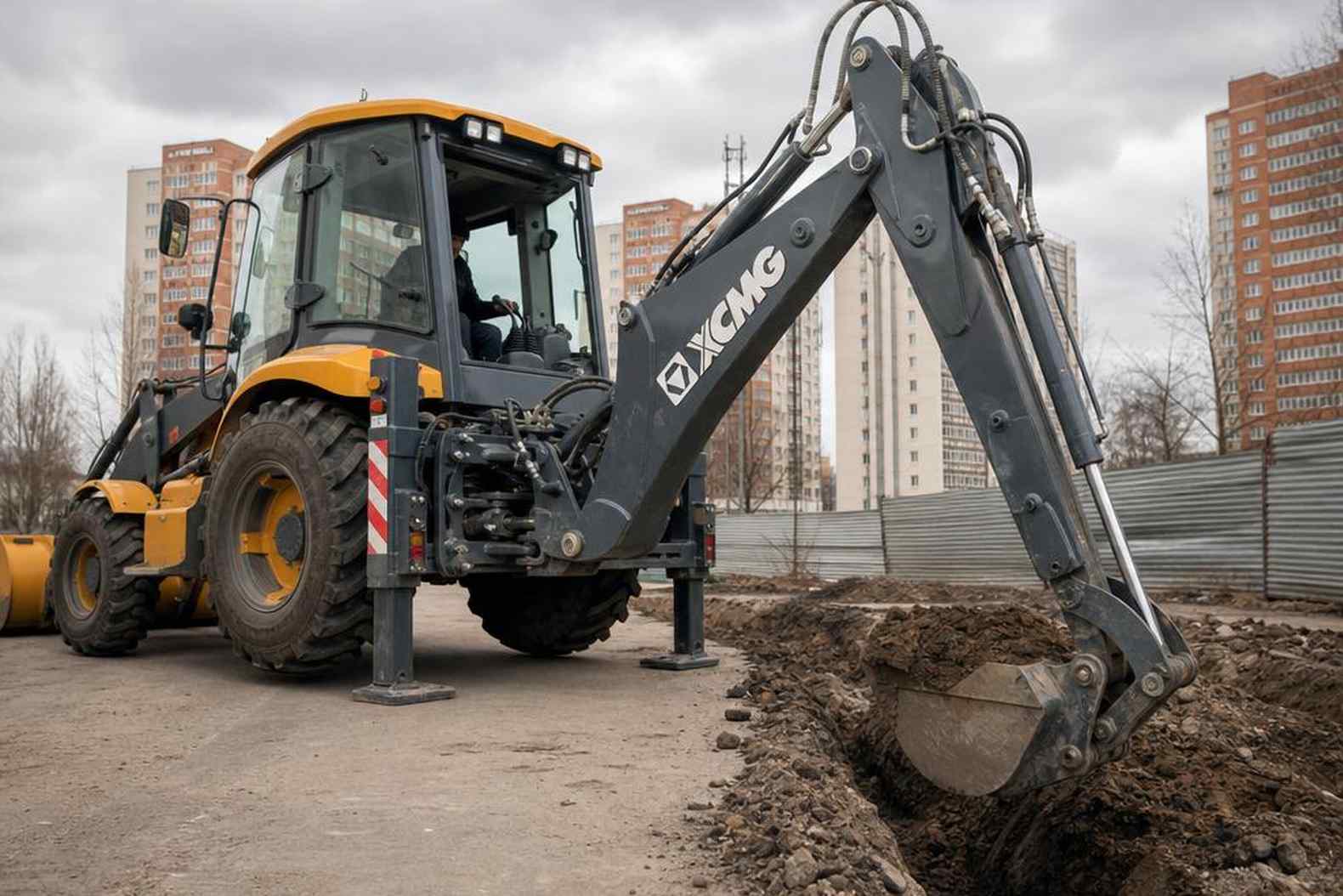 экскаватор-погрузчик XCMG копает траншею на городском объекте