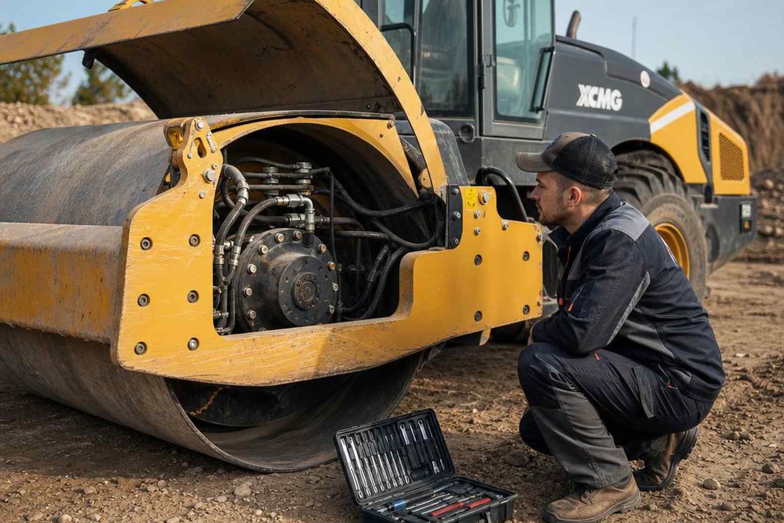 Механик осматривает гидравлику барабана катка XCMG в полевых условиях