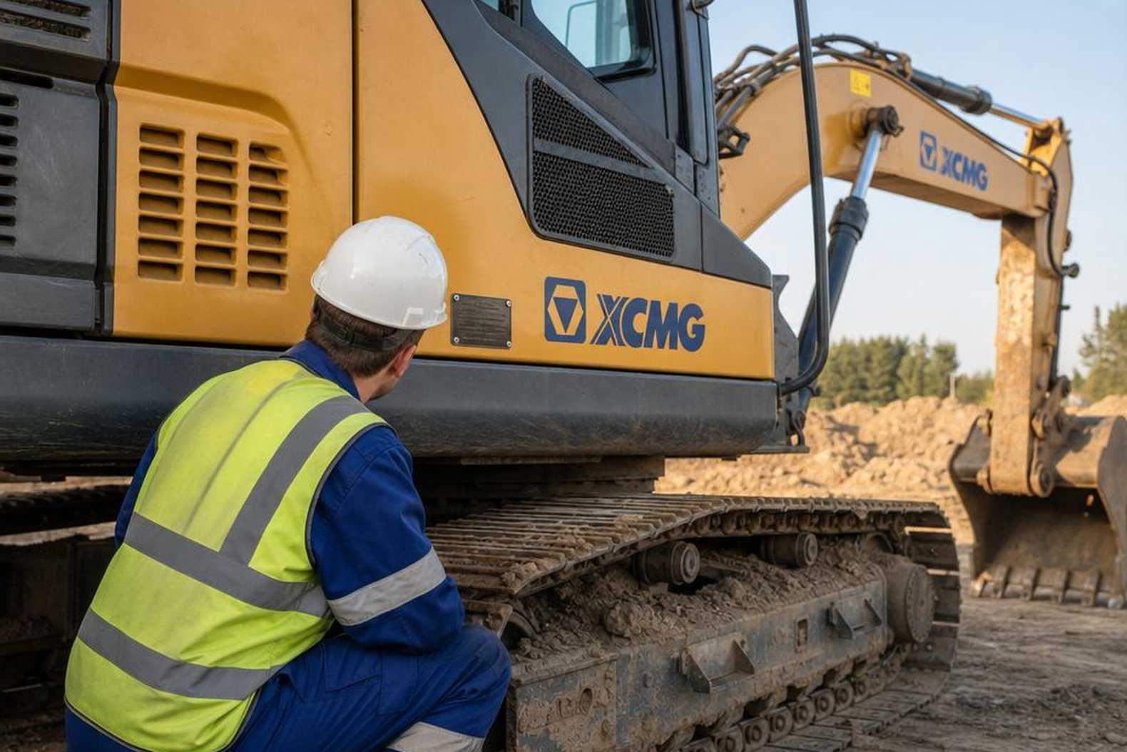 Механик осматривает технический паспорт экскаватора XCMG перед подбором запчастей