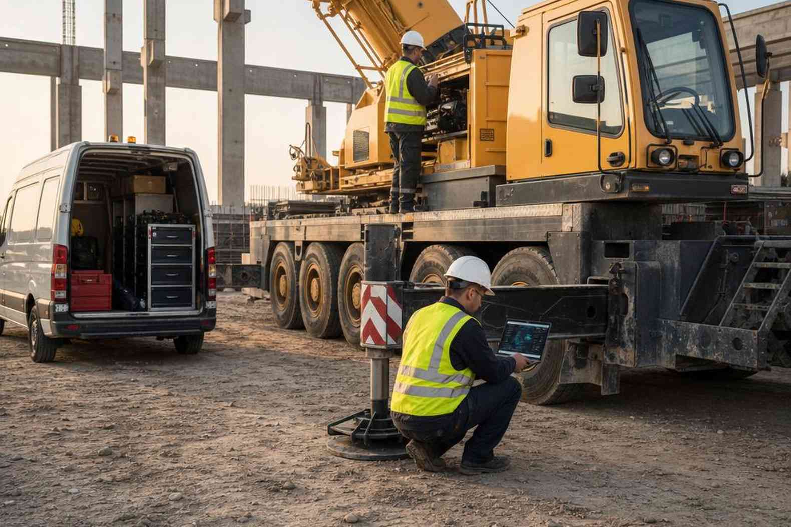 Сервисная бригада выполняет диагностику автокрана Zoomlion на объекте