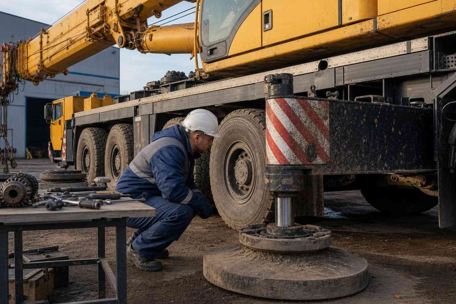 Сервисный техник осматривает автокран Zoomlion после рабочей смены